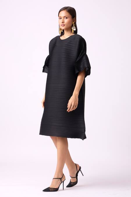 Scarlet Sage_Black Polyester Embroidery Round Neck Paulina A-line Textured Dress_at_Aza_Fashions