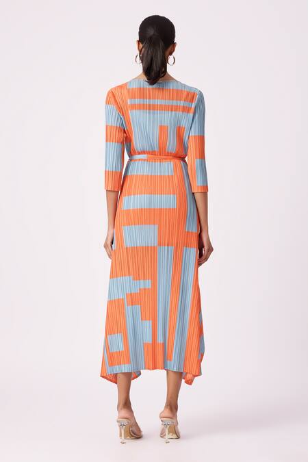 Shop Scarlet Sage Orange Polyester Round Neck Trista Abstract Geometric Print Dress at Aza Fashions Shop_Scarlet Sage_Orange Polyester Round Neck Trista Abstract Geometric Print Dress_at_Aza_Fashions