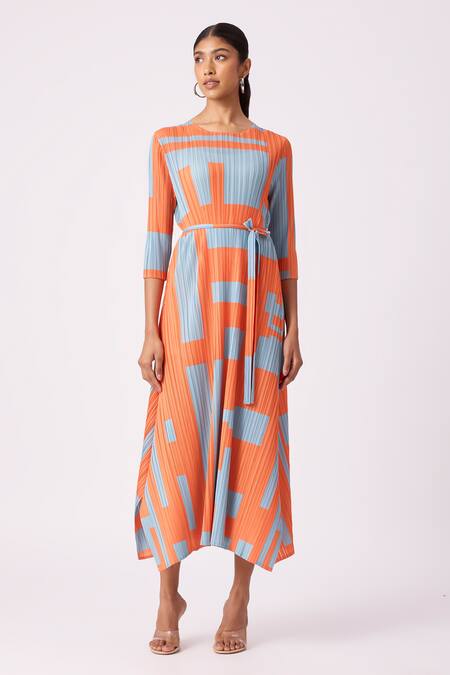 Scarlet Sage Orange Polyester Round Neck Trista Abstract Geometric Print Dress Online at Aza Fashions Scarlet Sage_Orange Polyester Round Neck Trista Abstract Geometric Print Dress_Online_at_Aza_Fashions