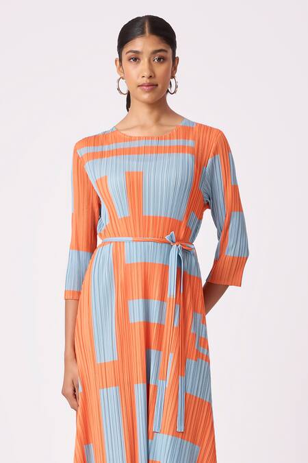 Buy Scarlet Sage Orange Polyester Round Neck Trista Abstract Geometric Print Dress Online at Aza Fashions Buy_Scarlet Sage_Orange Polyester Round Neck Trista Abstract Geometric Print Dress_Online_at_Aza_Fashions