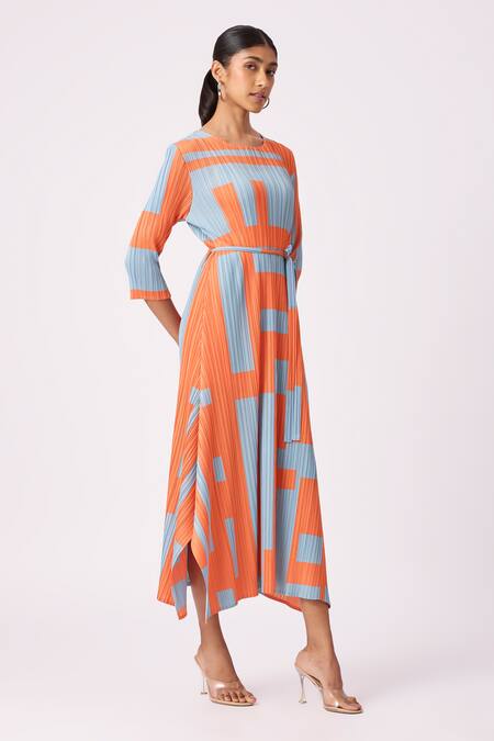 Scarlet Sage Orange Polyester Round Neck Trista Abstract Geometric Print Dress at Aza Fashions Scarlet Sage_Orange Polyester Round Neck Trista Abstract Geometric Print Dress_at_Aza_Fashions