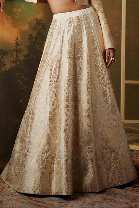 Ekaya Banaras_Beige Silk Embroidery Floral Motifs Work Handwoven Lehenga _Online_at_Aza_Fashions