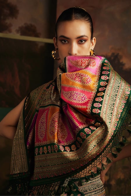 Shop_Ekaya Banaras_Green Silk Embroidery Handwoven Saree With Unstitched Blouse Fabric _at_Aza_Fashions