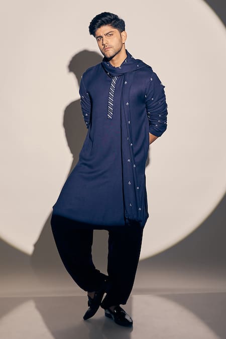 Kaaj Button x AZA Blue Twill Cotton Embroidered Thread Kurta Set With Butti Dupatta 