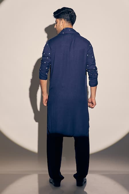 Shop Kaaj Button X AZA Blue Twill, Cotton Embroidery Kurta Set With Threadwork Butti Dupatta at Aza Fashions Shop_Kaaj Button X AZA_Blue Twill, Cotton Embroidery Kurta Set With Threadwork Butti Dupatta _at_Aza_Fashions