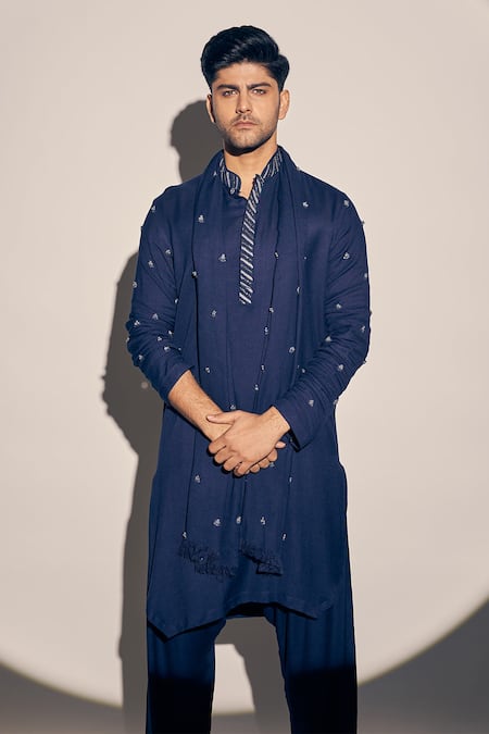 Kaaj Button X AZA Blue Twill, Cotton Embroidery Kurta Set With Threadwork Butti Dupatta Online at Aza Fashions Kaaj Button X AZA_Blue Twill, Cotton Embroidery Kurta Set With Threadwork Butti Dupatta _Online_at_Aza_Fashions