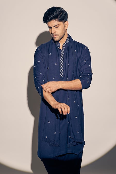 Buy Kaaj Button X AZA Blue Twill, Cotton Embroidery Kurta Set With Threadwork Butti Dupatta Online at Aza Fashions Buy_Kaaj Button X AZA_Blue Twill, Cotton Embroidery Kurta Set With Threadwork Butti Dupatta _Online_at_Aza_Fashions