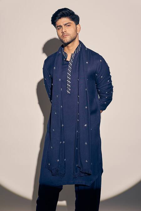 Shop Kaaj Button X AZA Blue Twill, Cotton Embroidery Kurta Set With Threadwork Butti Dupatta Online at Aza Fashions Shop_Kaaj Button X AZA_Blue Twill, Cotton Embroidery Kurta Set With Threadwork Butti Dupatta _Online_at_Aza_Fashions