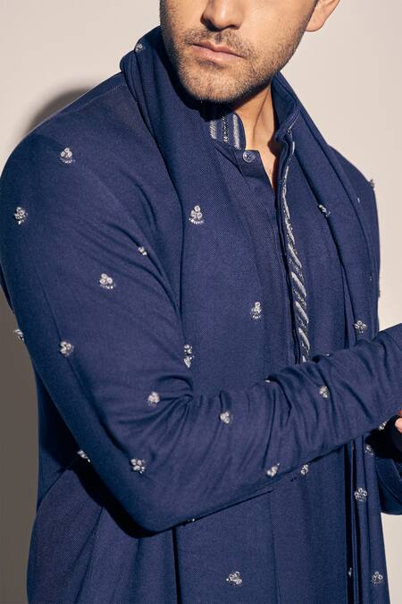 Shop Kaaj Button X AZA Blue Twill, Cotton Embroidery Kurta Set With Threadwork Butti Dupatta Shop_Kaaj Button X AZA_Blue Twill, Cotton Embroidery Kurta Set With Threadwork Butti Dupatta