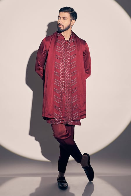 Kaaj Button x AZA Maroon Satin Linen Embroidered Cutdana Placement Kurta Pant Set 