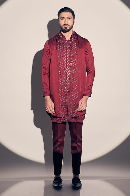 Kaaj Button X AZA_Maroon Satin, Linen Cut Work, Cutdana Embroidered Placement Kurta Pant Set _Online_at_Aza_Fashions