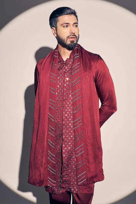 Shop_Kaaj Button X AZA_Maroon Satin, Linen Cut Work, Cutdana Embroidered Placement Kurta Pant Set _Online_at_Aza_Fashions