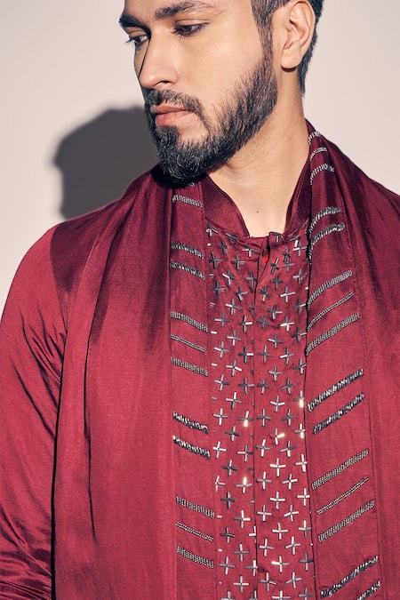 Kaaj Button X AZA_Maroon Satin, Linen Cut Work, Cutdana Embroidered Placement Kurta Pant Set _at_Aza_Fashions