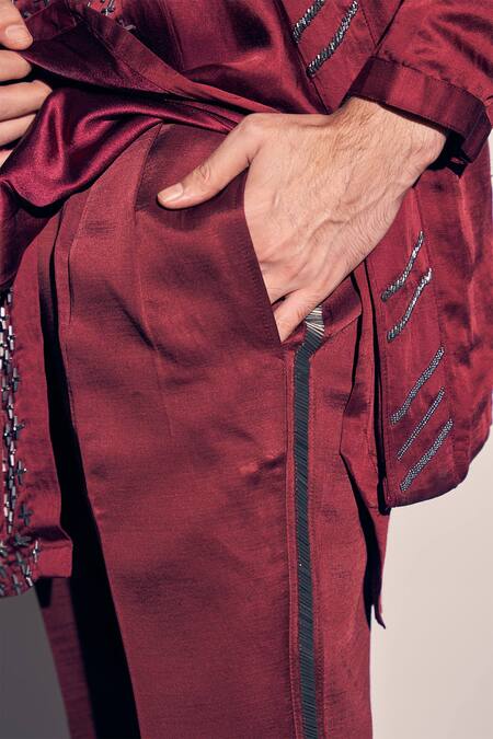 Buy_Kaaj Button X AZA_Maroon Satin, Linen Cut Work, Cutdana Embroidered Placement Kurta Pant Set 