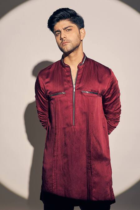 Kaaj Button X AZA Maroon Satin, Linen Embroidery Straight Kurta With Pant Online at Aza Fashions Kaaj Button X AZA_Maroon Satin, Linen Embroidery Straight Kurta With Pant _Online_at_Aza_Fashions