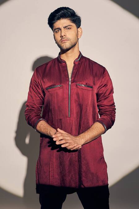 Buy Kaaj Button X AZA Maroon Satin, Linen Embroidery Straight Kurta With Pant Online at Aza Fashions Buy_Kaaj Button X AZA_Maroon Satin, Linen Embroidery Straight Kurta With Pant _Online_at_Aza_Fashions