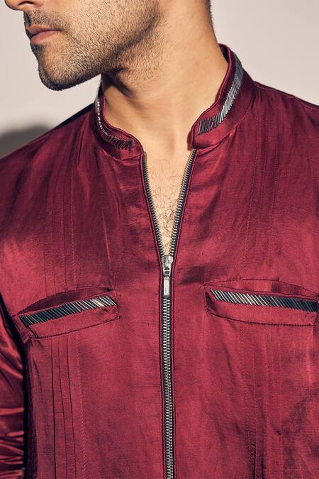 Kaaj Button X AZA Maroon Satin, Linen Embroidery Straight Kurta With Pant at Aza Fashions Kaaj Button X AZA_Maroon Satin, Linen Embroidery Straight Kurta With Pant _at_Aza_Fashions