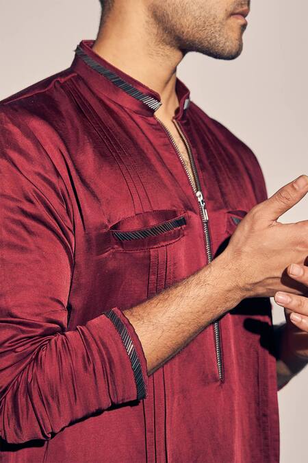 Buy Kaaj Button X AZA Maroon Satin, Linen Embroidery Straight Kurta With Pant Buy_Kaaj Button X AZA_Maroon Satin, Linen Embroidery Straight Kurta With Pant