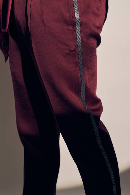 Shop Kaaj Button X AZA Maroon Satin, Linen Embroidery Straight Kurta With Pant Shop_Kaaj Button X AZA_Maroon Satin, Linen Embroidery Straight Kurta With Pant