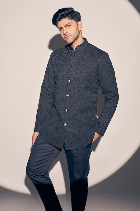 Buy_Kaaj Button X AZA_Black Cotton Satin Cut Work, Sequins Cutdana Embroidered Bundi Set _Online_at_Aza_Fashions