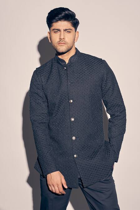 Shop_Kaaj Button X AZA_Black Cotton Satin Cut Work, Sequins Cutdana Embroidered Bundi Set _Online_at_Aza_Fashions