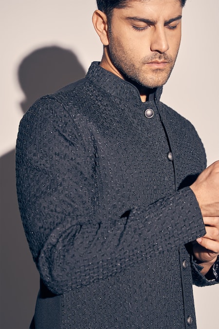 Kaaj Button X AZA_Black Cotton Satin Cut Work, Sequins Cutdana Embroidered Bundi Set _at_Aza_Fashions