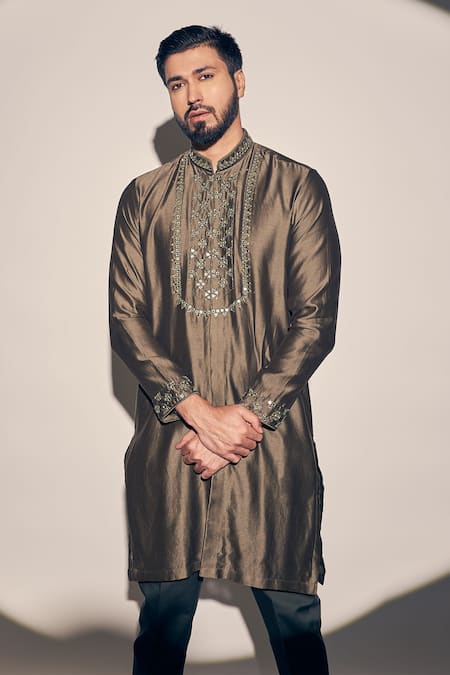 Shop_Kaaj Button X AZA_Green Chanderi, Satin Mirrors Placement Kurta With Pant _Online_at_Aza_Fashions