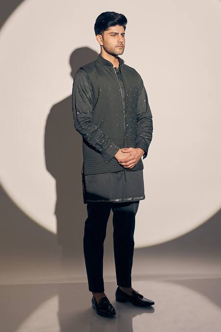 Kaaj Button X AZA Green Cotton Satin Cut Work, Sequins Cutdana Embellished Olive Bundi Kurta Set Online at Aza Fashions Kaaj Button X AZA_Green Cotton Satin Cut Work, Sequins Cutdana Embellished Olive Bundi Kurta Set _Online_at_Aza_Fashions