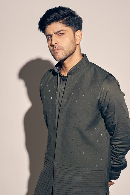 Kaaj Button X AZA Green Cotton Satin Cut Work, Sequins Cutdana Embellished Olive Bundi Kurta Set at Aza Fashions Kaaj Button X AZA_Green Cotton Satin Cut Work, Sequins Cutdana Embellished Olive Bundi Kurta Set _at_Aza_Fashions