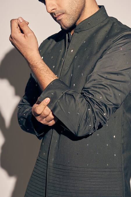 Buy Kaaj Button X AZA Green Cotton Satin Cut Work, Sequins Cutdana Embellished Olive Bundi Kurta Set Buy_Kaaj Button X AZA_Green Cotton Satin Cut Work, Sequins Cutdana Embellished Olive Bundi Kurta Set