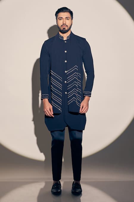 Kaaj Button X AZA_Blue Twill Cut Work, Sequins Sherwani Set With Embellished Dupatta _Online_at_Aza_Fashions