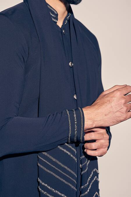 Buy_Kaaj Button X AZA_Blue Twill Cut Work, Sequins Sherwani Set With Embellished Dupatta _Online_at_Aza_Fashions