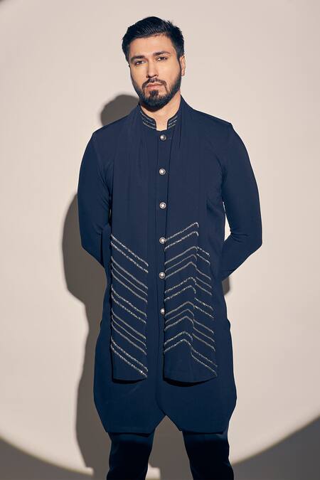 Shop_Kaaj Button X AZA_Blue Twill Cut Work, Sequins Sherwani Set With Embellished Dupatta _Online_at_Aza_Fashions