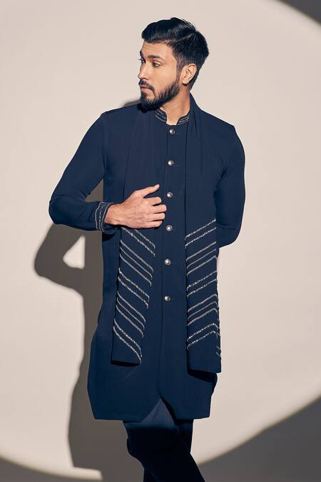 Kaaj Button X AZA_Blue Twill Cut Work, Sequins Sherwani Set With Embellished Dupatta _at_Aza_Fashions