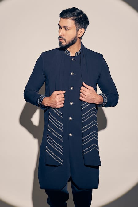 Buy_Kaaj Button X AZA_Blue Twill Cut Work, Sequins Sherwani Set With Embellished Dupatta 