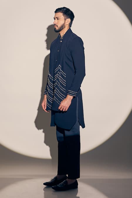 Shop_Kaaj Button X AZA_Blue Twill Cut Work, Sequins Sherwani Set With Embellished Dupatta 