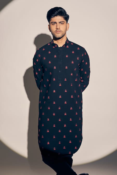 Kaaj Button X AZA_Black Twill Embroidery Threadwork Kurta With Pant _Online_at_Aza_Fashions