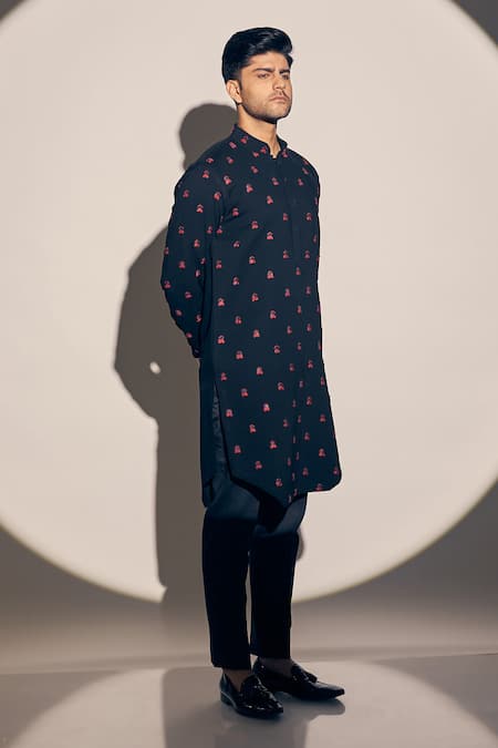 Buy_Kaaj Button X AZA_Black Twill Embroidery Threadwork Kurta With Pant _Online_at_Aza_Fashions