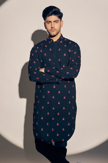 Shop_Kaaj Button X AZA_Black Twill Embroidery Threadwork Kurta With Pant _Online_at_Aza_Fashions