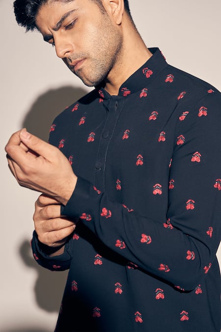 Kaaj Button X AZA_Black Twill Embroidery Threadwork Kurta With Pant _at_Aza_Fashions