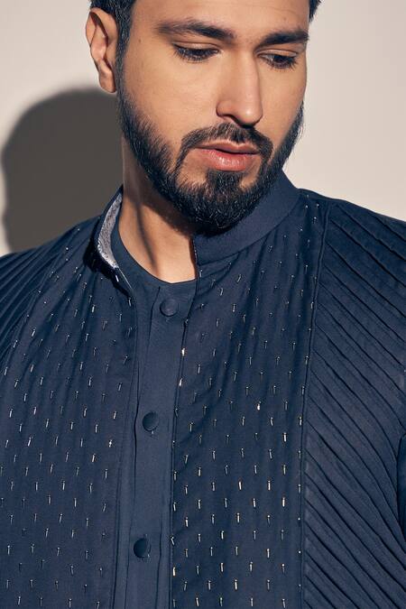 Kaaj Button X AZA_Blue Cotton Satin, Polyester Cut Work, Cutdana Embroidered Bundi Kurta Set _Online_at_Aza_Fashions