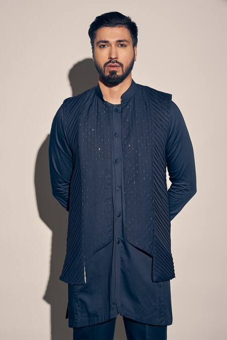 Buy_Kaaj Button X AZA_Blue Cotton Satin, Polyester Cut Work, Cutdana Embroidered Bundi Kurta Set _Online_at_Aza_Fashions