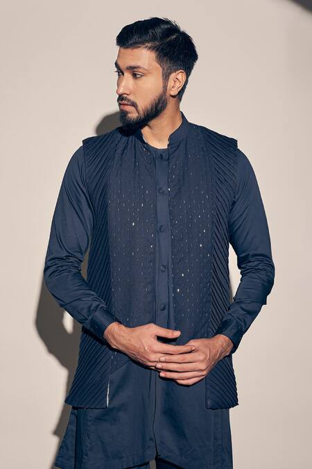 Shop_Kaaj Button X AZA_Blue Cotton Satin, Polyester Cut Work, Cutdana Embroidered Bundi Kurta Set _Online_at_Aza_Fashions