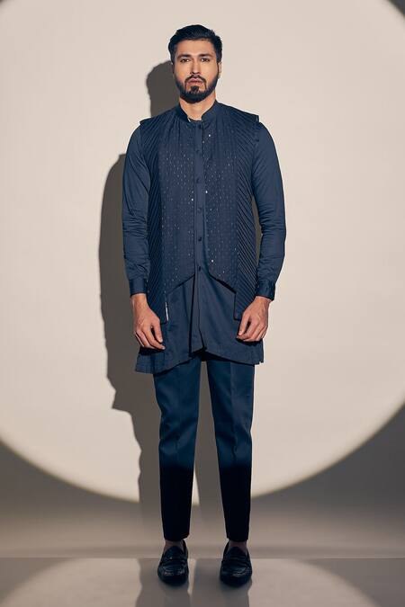Kaaj Button X AZA_Blue Cotton Satin, Polyester Cut Work, Cutdana Embroidered Bundi Kurta Set _at_Aza_Fashions