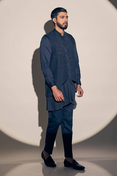 Shop_Kaaj Button X AZA_Blue Cotton Satin, Polyester Cut Work, Cutdana Embroidered Bundi Kurta Set 