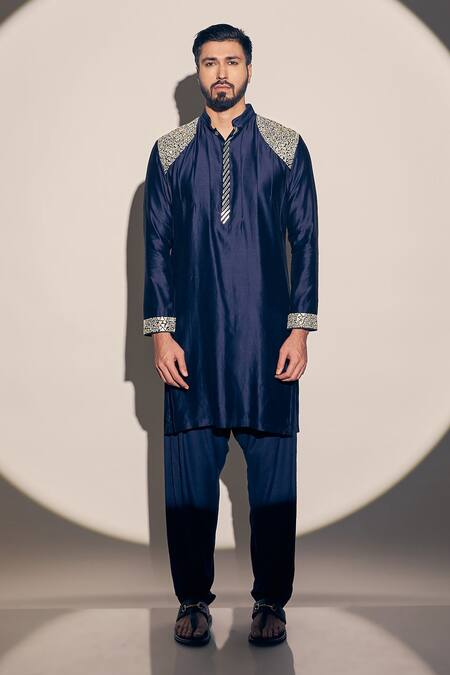 Kaaj Button X AZA_Blue Chanderi, Satin Placed Patchwork Kurta With Salwar _Online_at_Aza_Fashions