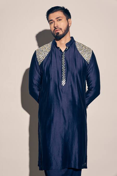 Kaaj Button X AZA_Blue Chanderi, Satin Placed Patchwork Kurta With Salwar _at_Aza_Fashions