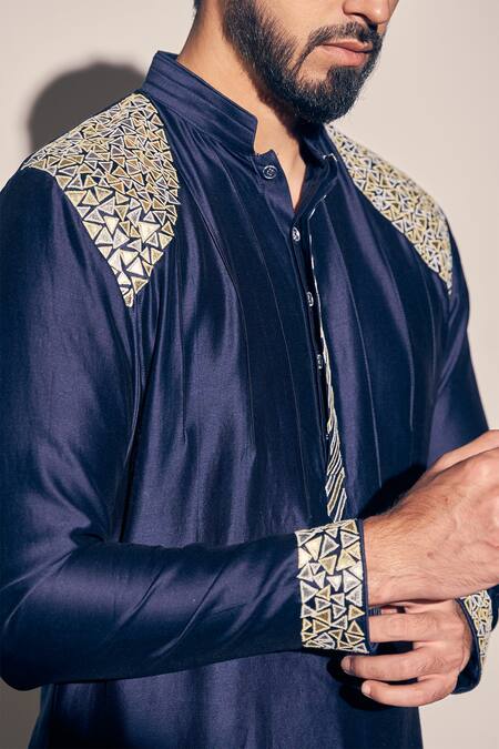 Buy_Kaaj Button X AZA_Blue Chanderi, Satin Placed Patchwork Kurta With Salwar 