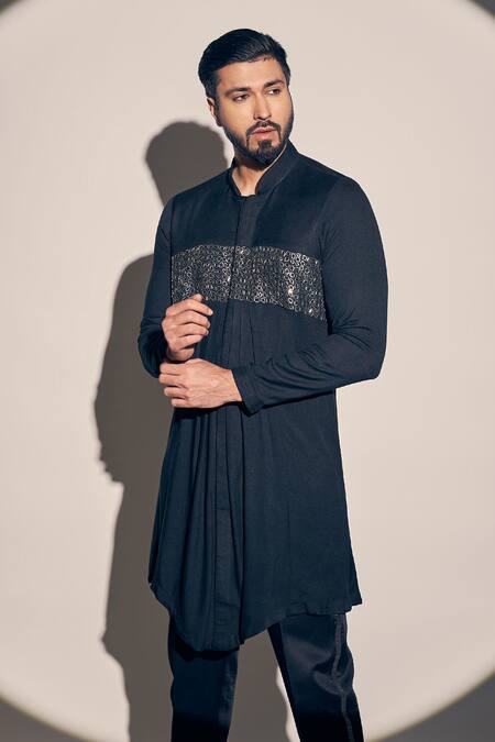 Kaaj Button X AZA_Black Twill, Cotton Cut Work Placed Cutdana Embroidered Kurta With Pant _Online_at_Aza_Fashions