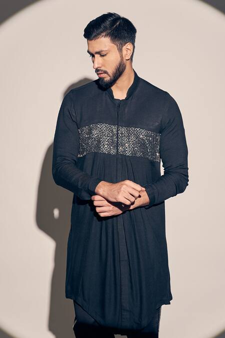 Buy_Kaaj Button X AZA_Black Twill, Cotton Cut Work Placed Cutdana Embroidered Kurta With Pant _Online_at_Aza_Fashions